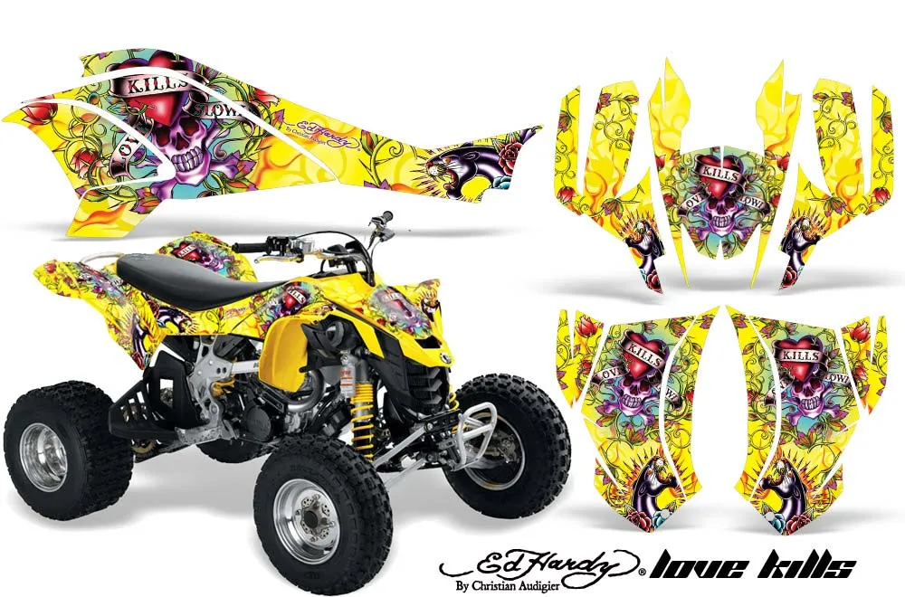 Can Am DS450 / DS450X EFI ATV Graphic Kit - 2008-2016 Ed Hardy - Love Kills Yellow