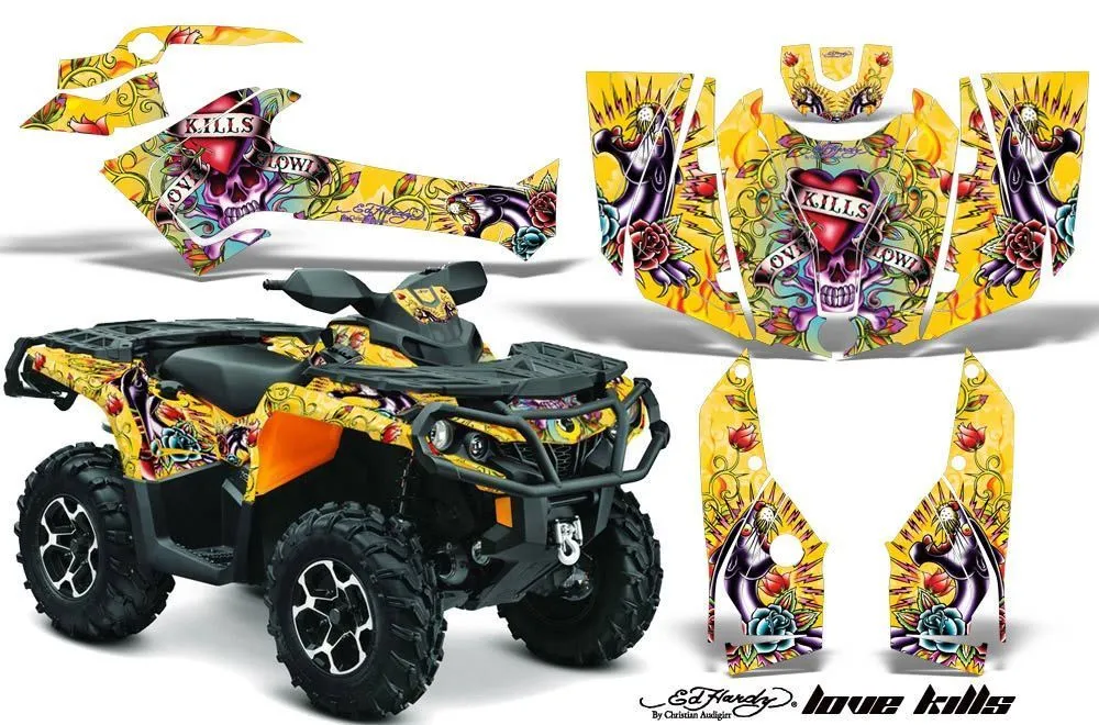Can Am Outlander XT / DPS / SST ATV Graphic Kit - 2013-2016 Ed Hardy - Love Kills Yellow