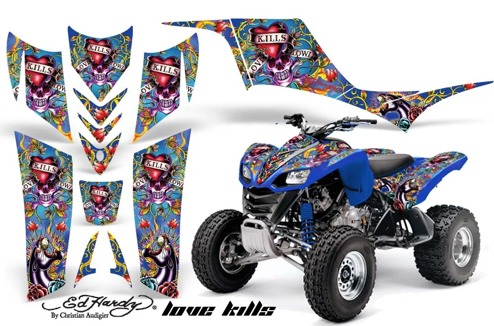 Kawasaki KFX 700 ATV Graphic Kit - 2004-2009 Ed Hardy - Love Kills Blue