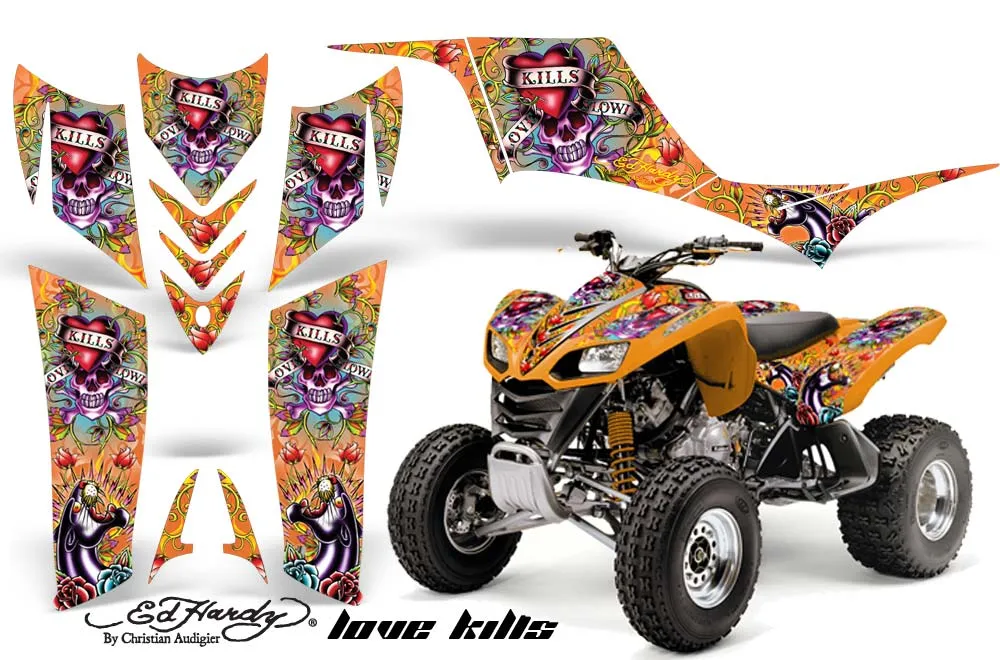 Kawasaki KFX 700 ATV Graphic Kit - 2004-2009 Ed Hardy - Love Kills Orange