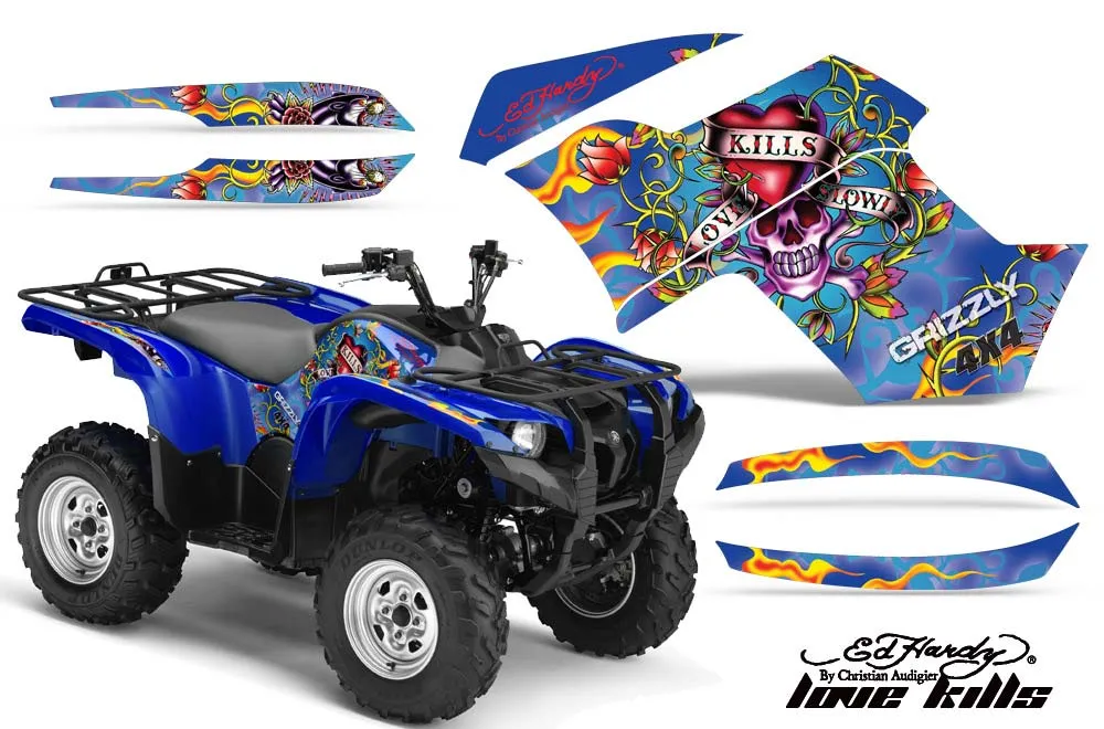 Yamaha Grizzly 700 / 550 ATV Graphic Kit - 2007-2014 Ed Hardy - Love Kills Blue