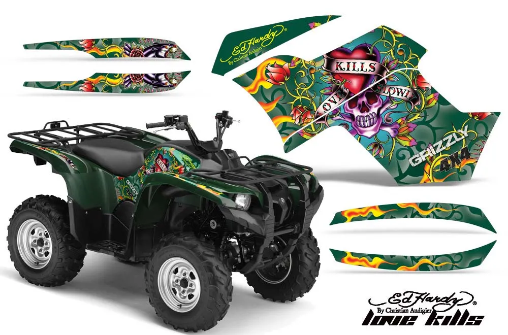Yamaha Grizzly 700 / 550 ATV Graphic Kit - 2007-2014 Ed Hardy - Love Kills Green