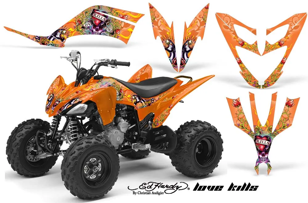 Yamaha Raptor 250 ATV Graphic Kit - 2008-2014 Ed Hardy - Love Kills Orange