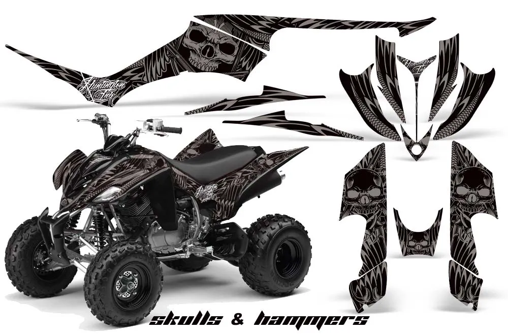 Yamaha Raptor 350 ATV Graphic Kit - 2004-2014 Skulls and Hammers Silver