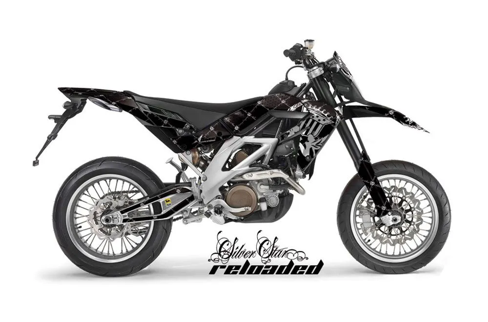 Aprilia SXV 4.5 / 5.5 Dirt Bike Graphic Kit - 2006-2015 Silver Star - Reloaded Black