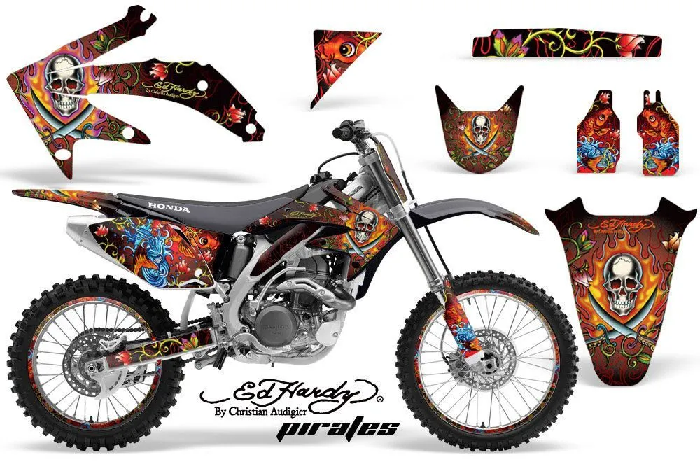 Honda CRF450 R Dirt Bike Graphic Kit - 2002-2012 Ed Hardy - Pirates Silver