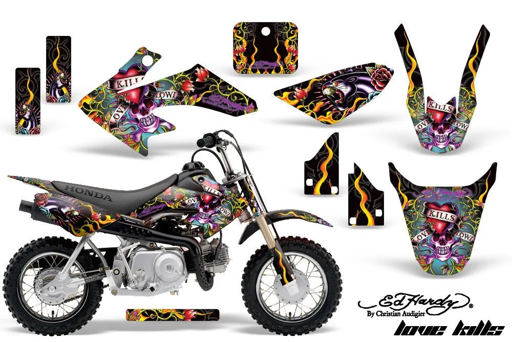 Honda CRF50 Dirt Bike Graphic Kit - 2004-2024 Ed Hardy - Love Kills Black