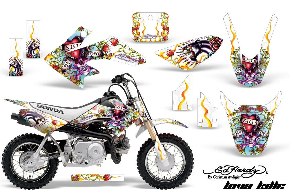 Honda CRF50 Dirt Bike Graphic Kit - 2004-2024 Ed Hardy - Love Kills White