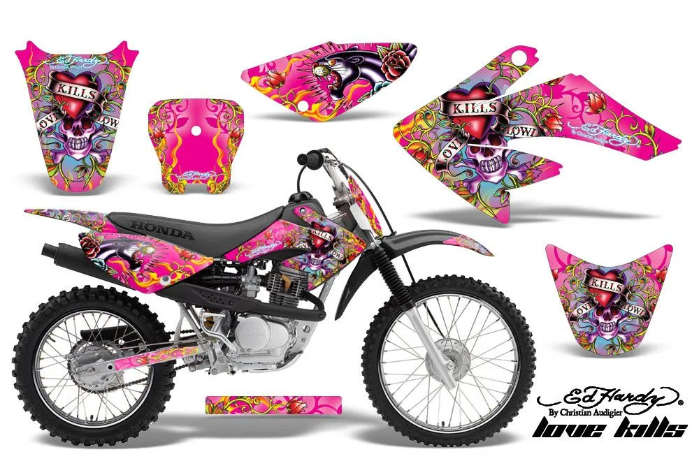 Honda CRF80 Dirt Bike Graphic Kit - 2004-2010 Ed Hardy - Love Kills Pink
