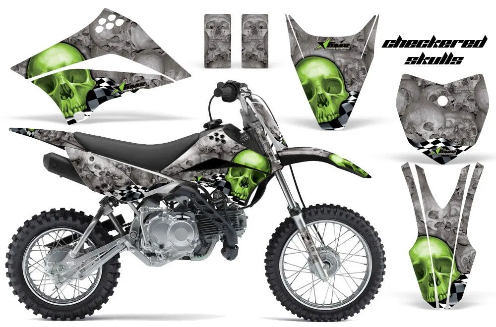 Kawasaki KLX110 Dirt Bike Graphic Kit - 2010-2025 Checkered Skulls Green