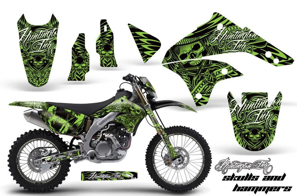 Kawasaki KLX450 Enduro Dirt Bike Graphic Kit - 2008-2022 Skulls and Hammers Green