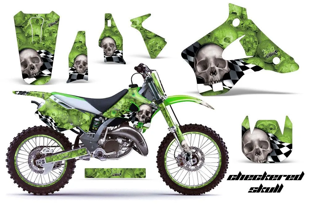 Kawasaki KX250 Dirt Bike Graphic Kit - 1994-1998 Checkered Skull Green