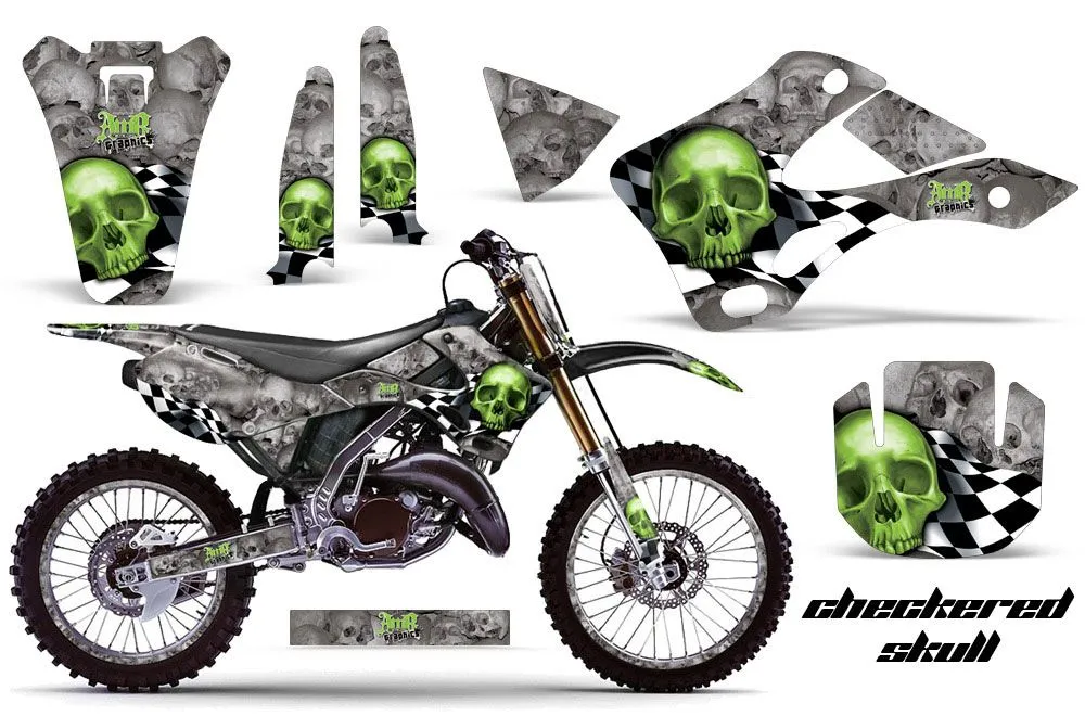 Kawasaki KX250 Dirt Bike Graphic Kit - 1999-2002 Checkered Skull Green