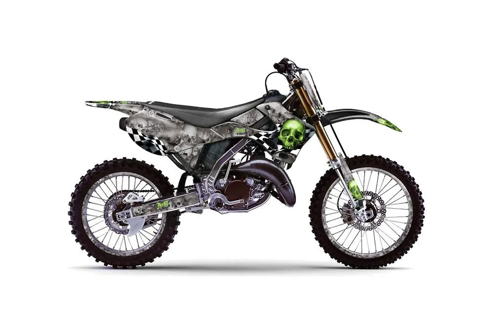 Kawasaki KX250 Dirt Bike Graphic Kit - 1999-2002 Checkered Skull Green