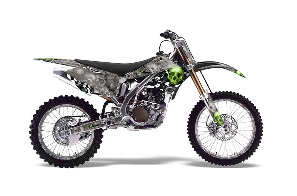 Kawasaki KX250F Dirt Bike Graphic Kit - 2004-2005 Checkered Skull Green