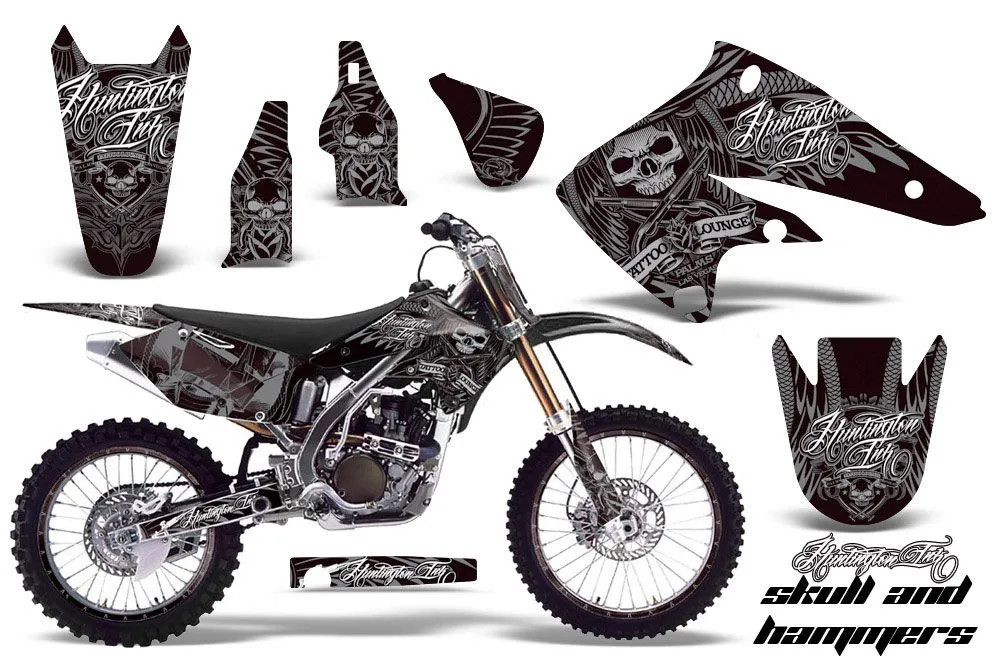 Kawasaki KX250F Dirt Bike Graphic Kit - 2004-2005 Skulls and Hammers Silver