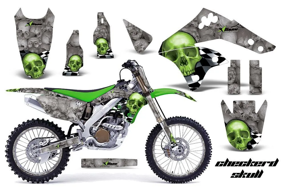 Kawasaki KX250F Dirt Bike Graphic Kit - 2006-2008 Checkered Skull Green