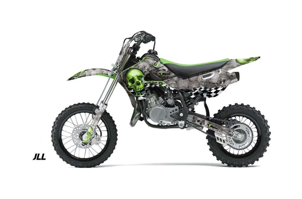 Kawasaki KX65 Dirt Bike Graphic Kit - 2002-2018 Checkered Skull Green