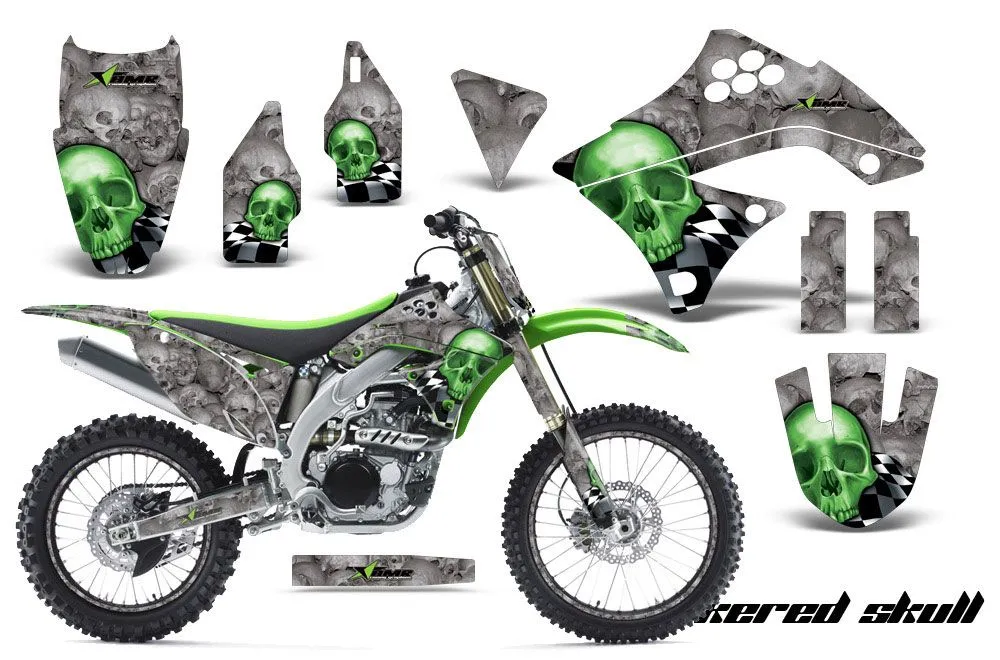 Kawasaki KXF450 Dirt Bike Graphic Kit - 2009-2011 Checkered Skull Green