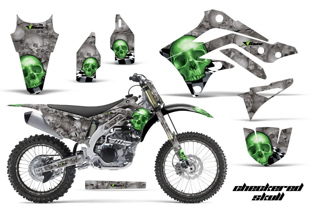 Kawasaki KXF450 Dirt Bike Graphic Kit - 2012-2015 Checkered Skull Green