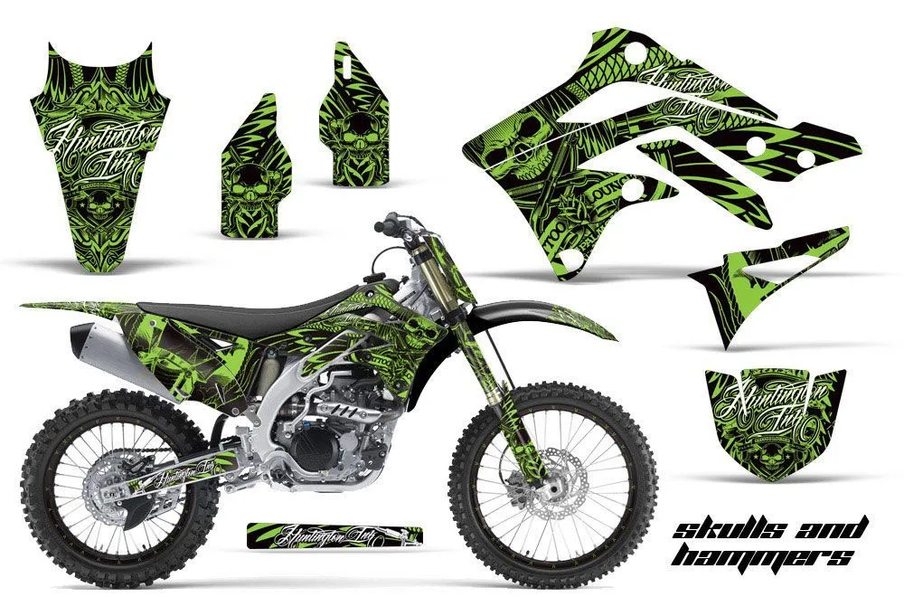 Kawasaki KXF450 Dirt Bike Graphic Kit - 2012-2015 Skulls and Hammers Green