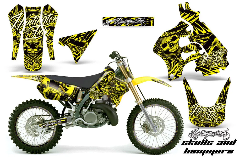 Suzuki RM 125 Dirt Bike Graphic Kit - 1996-1998 Skulls and Hammers Yellow
