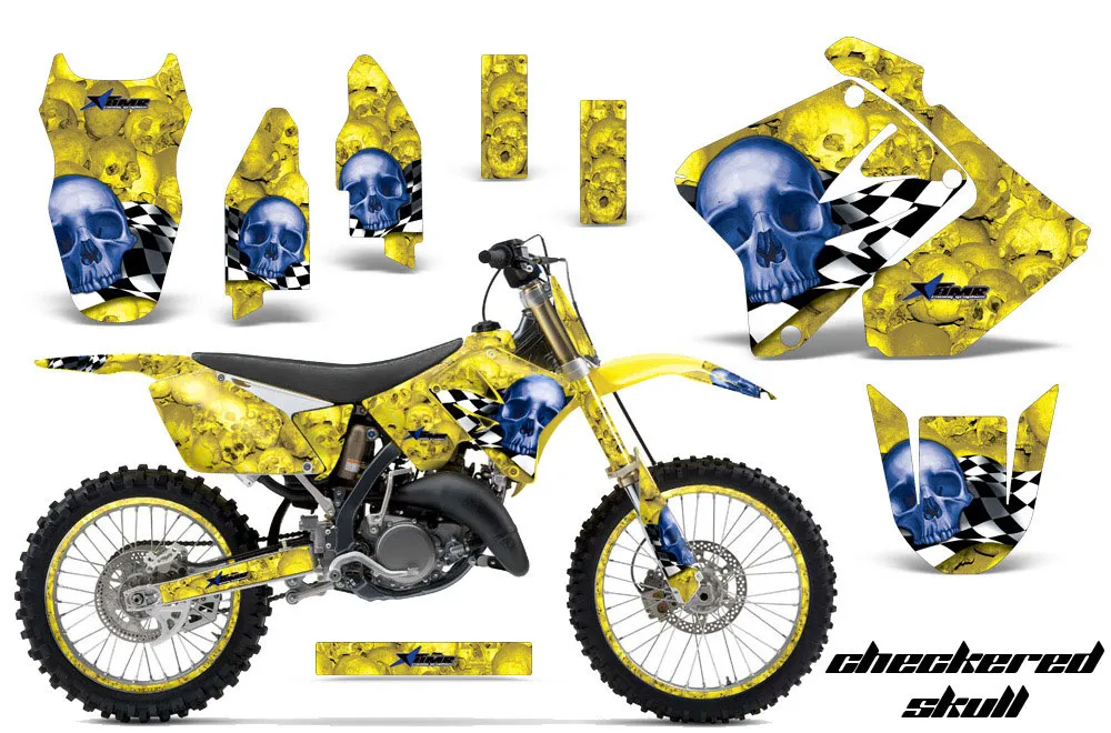 Suzuki RM 125 Dirt Bike Graphic Kit - 2001-2009 Checkered Skull Yellow