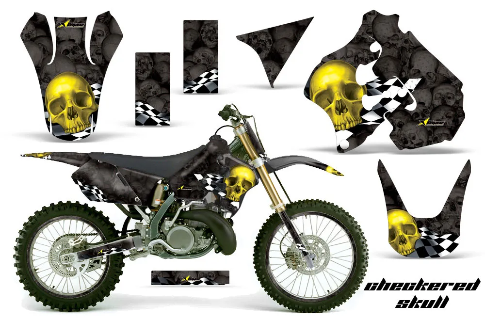 Suzuki RM 250 Dirt Bike Graphic Kit - 1996-1998 Checkered Skull Yellow
