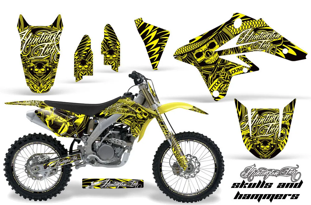 Suzuki RMZ 250 Dirt Bike Graphic Kit - 2007-2009 Skulls and Hammers Yellow