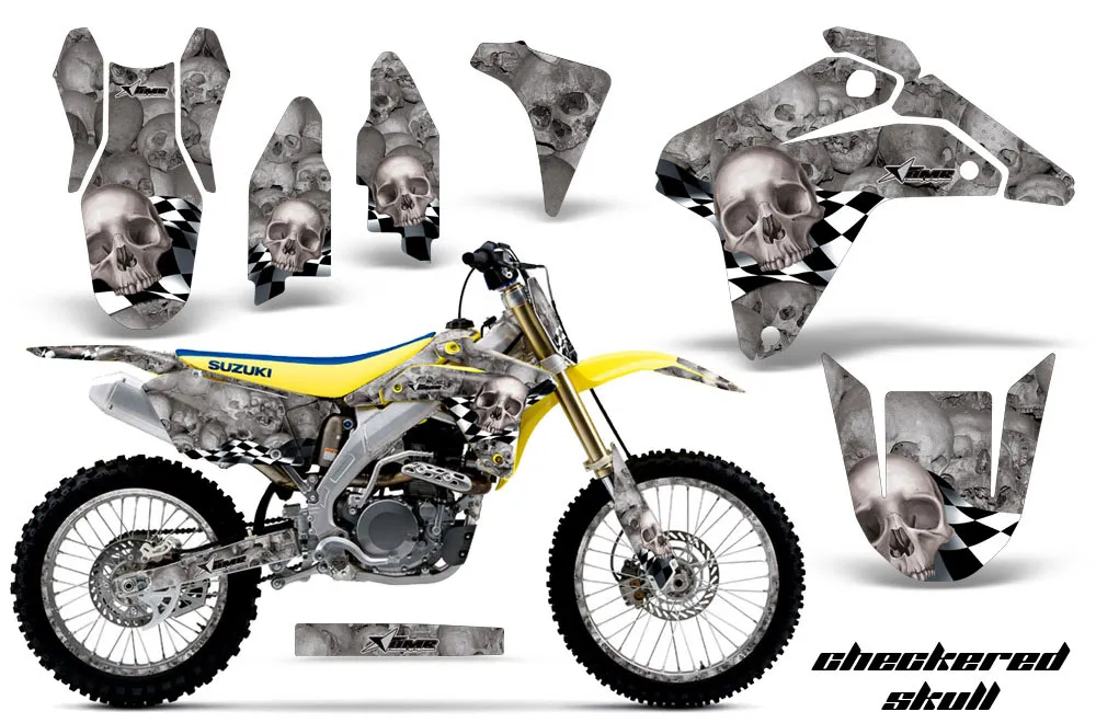 Suzuki RMZ 450 Dirt Bike Graphic Kit - 2005-2006 Checkered Skull Silver