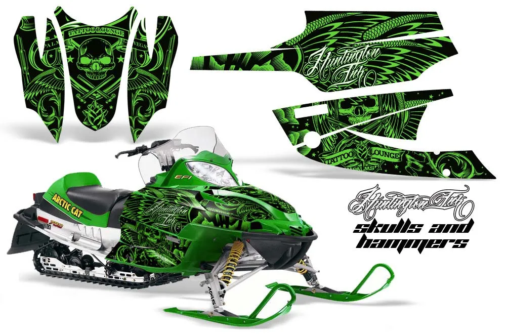 Arctic Cat Firecat F5 / F6 / F7 Sled Graphic Kit - 2003-2006 Skulls N Hammers Green