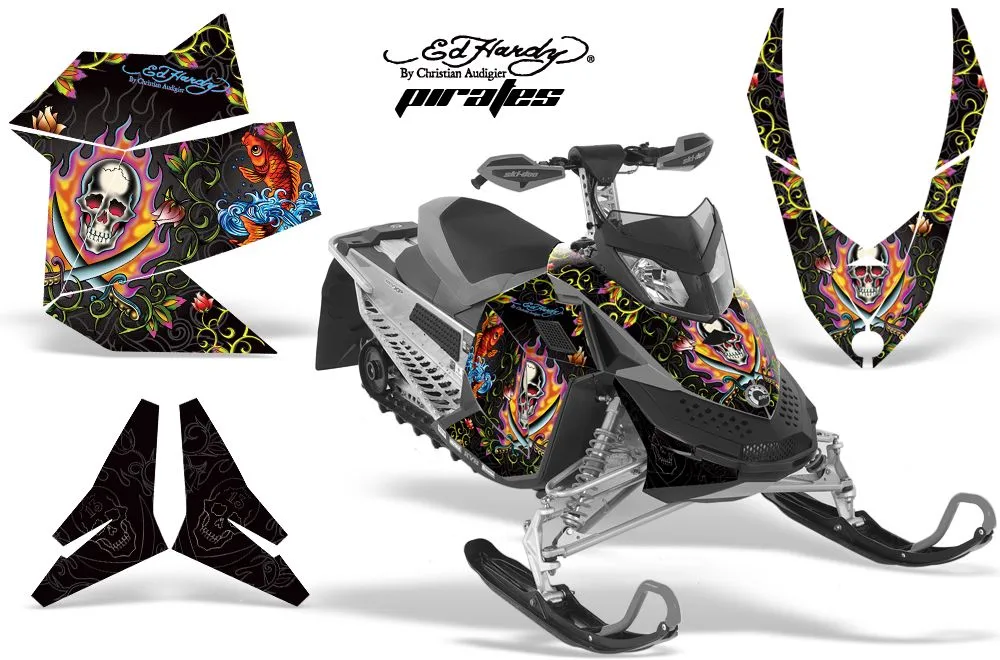 Ski Doo Rev XP Sled Graphic Kit - 2008-2012 Ed Hardy - Pirates Black