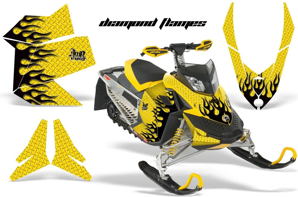 Ski Doo Rev XP Sled Graphic Kit - 2008-2012 Diamond Flames Yellow