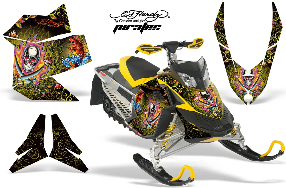 Ski Doo Rev XP Sled Graphic Kit - 2008-2012 Ed Hardy - Pirates Yellow
