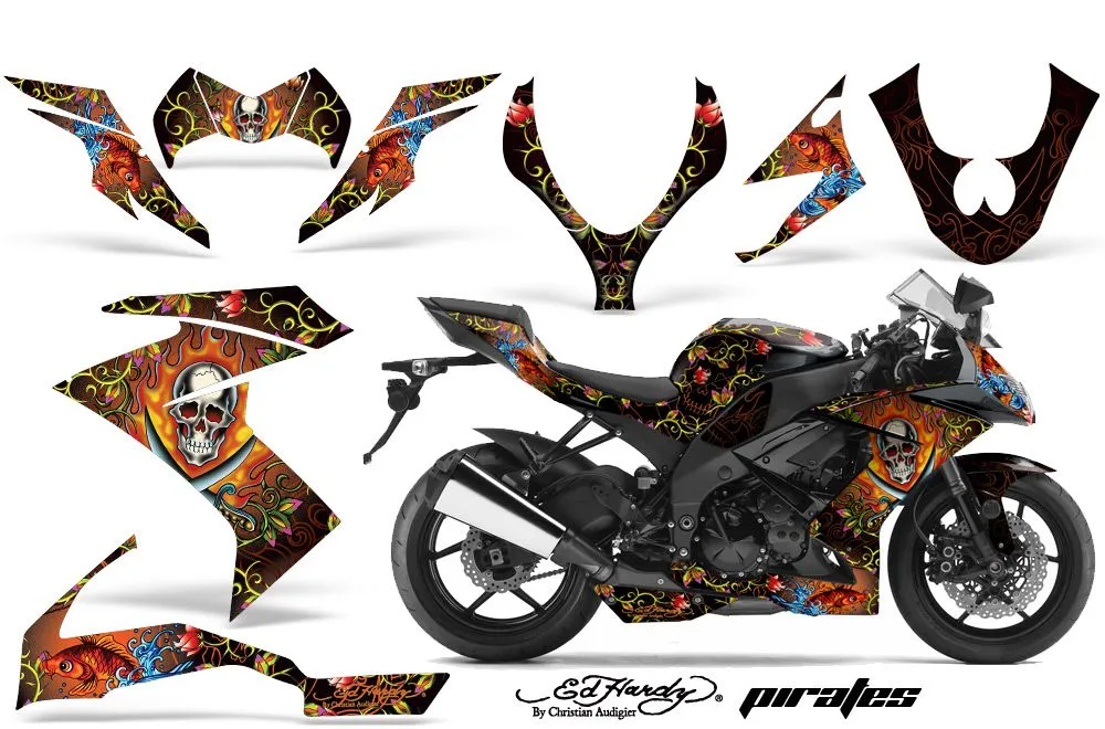 Kawasaki ZX10 Ninja Graphic Kit - 2008-2009 Ed Hardy Pirate Orange