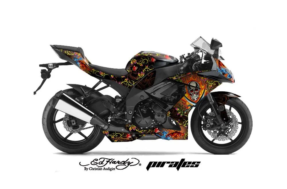 Kawasaki ZX10 Ninja Graphic Kit - 2008-2009 Ed Hardy Pirate Orange