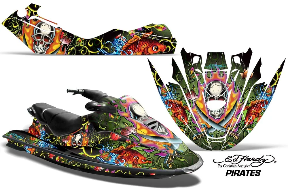 Sea Doo Bombardier GTX Siege Avant Jet Ski Graphic Kit 1996-1999 Ed Hardy - Pirates Green