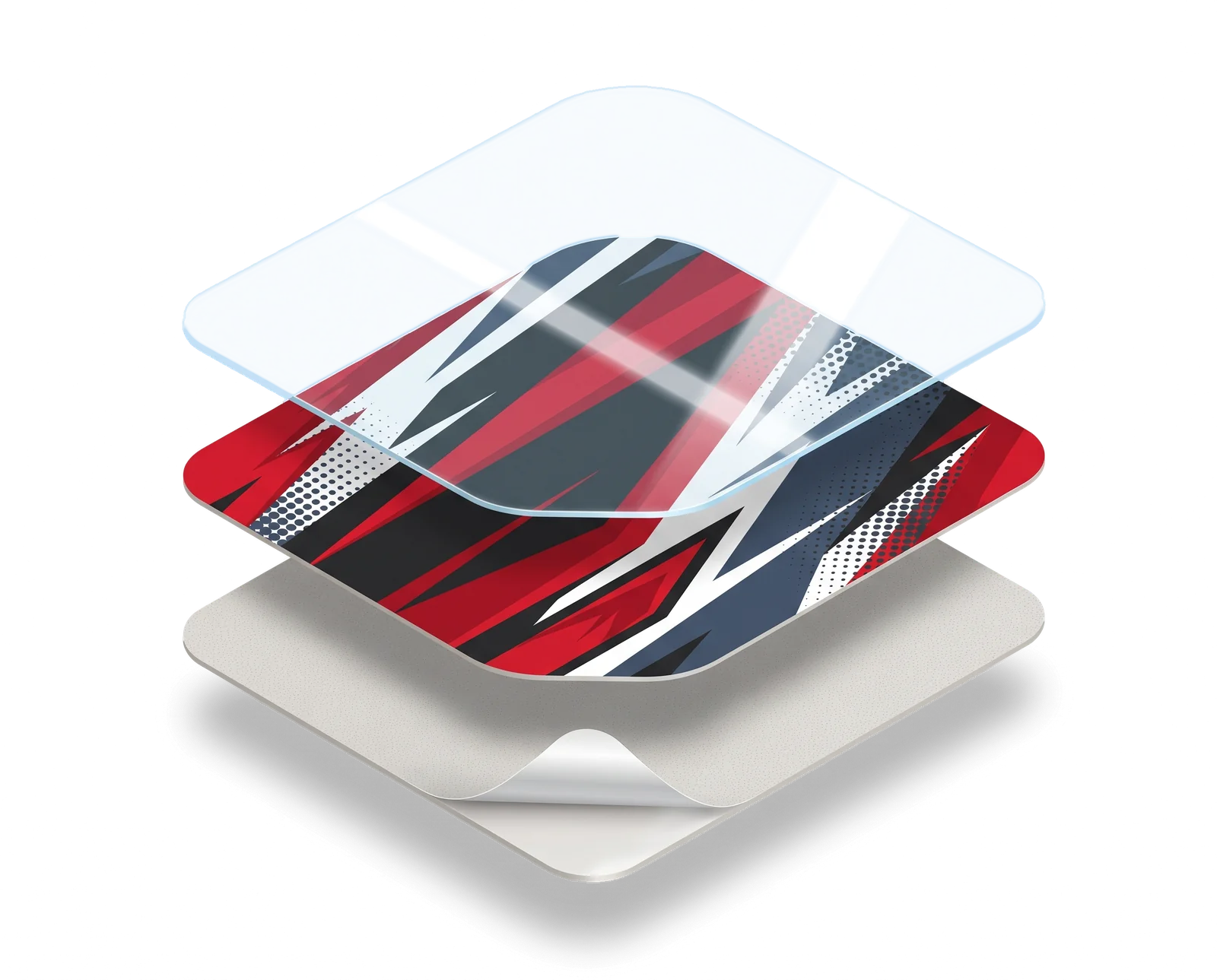 Exploded view of a graphic kit's three layers: UV and scratch-proof laminate on top, the printed graphic in the middle, adhesive backing on the bottom