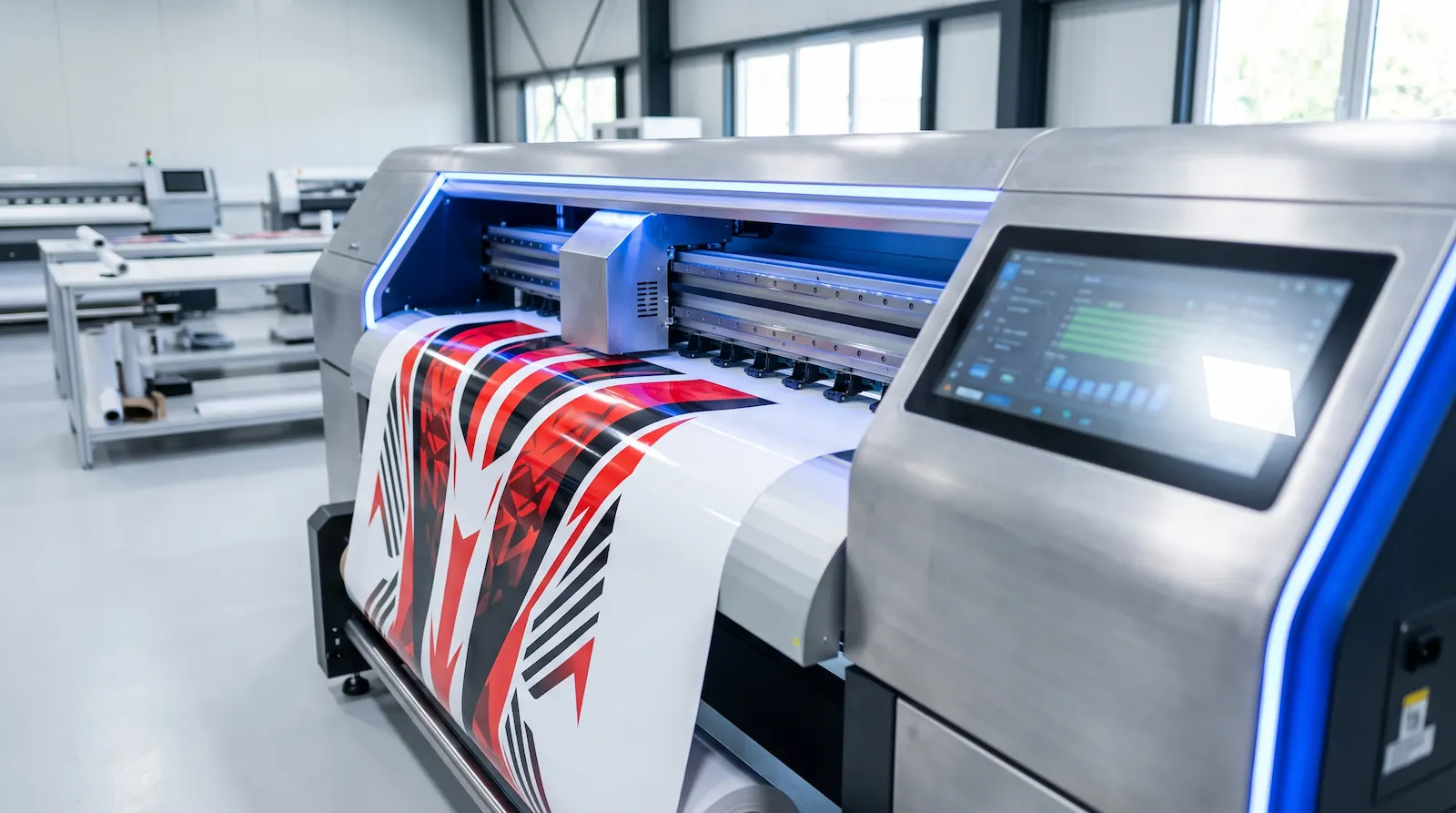 Wide-format printer printing a red, black and white dirt bike graphic kit onto vinyl