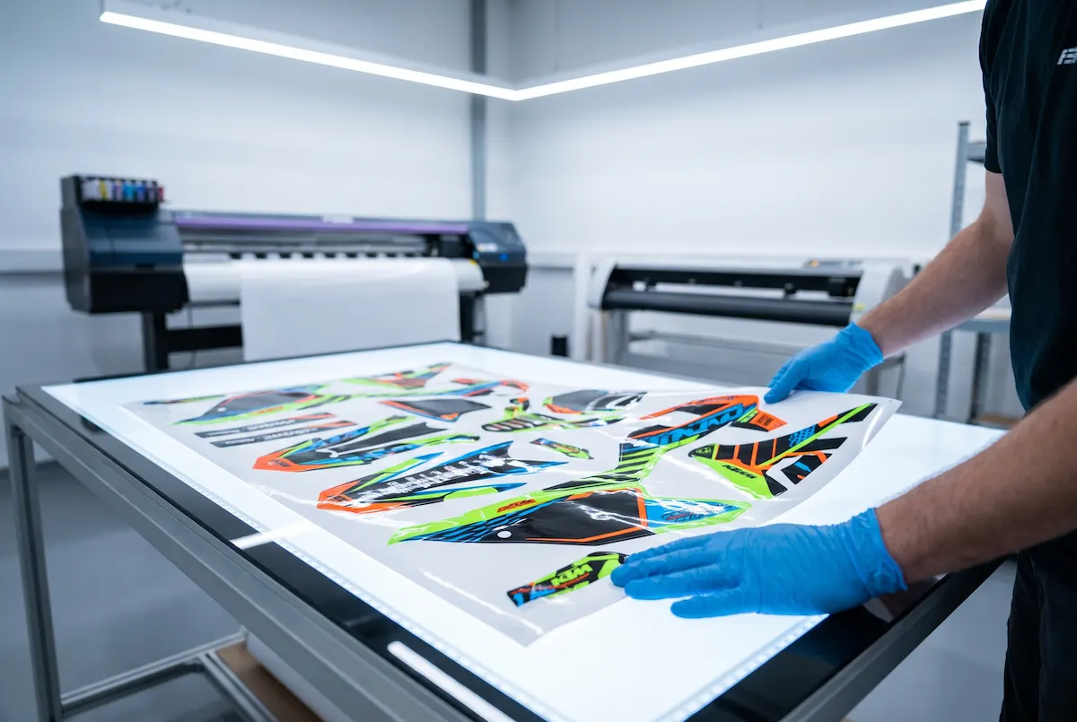 Technician inspecting a freshly laminated dirt bike graphic kit on a light table