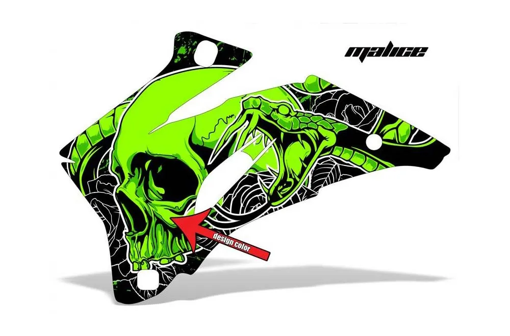 Malice design shown on a set of graphic panels