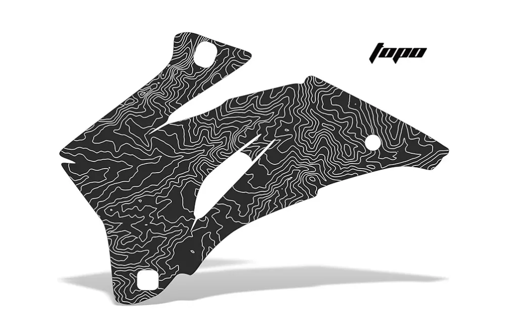Topo design shown on a set of graphic panels