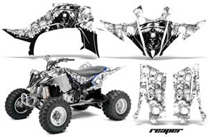 Yamaha YFZ 450 Metal Mulisha atv graphics kit with white background. Kit by  Fireblade Graphics